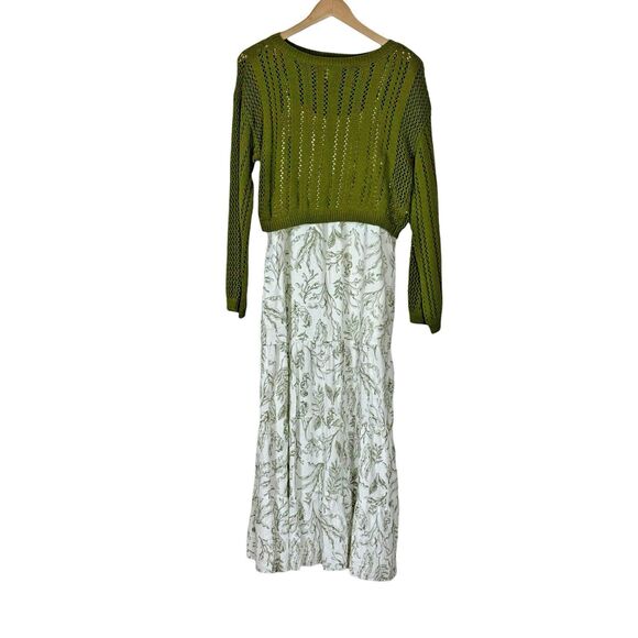 Martha Stewart 2pc Maxi Dress Set S Green Leaf Print Sweater Linen Blend Cottage - Picture 2 of 14